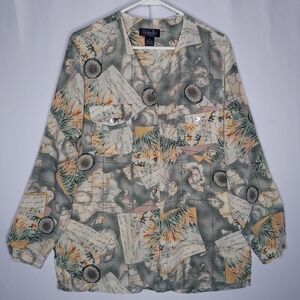 Rafaella Petite Silk Shirt 14P Women Travel Tropical Vneck Button Long‎ Sleeve